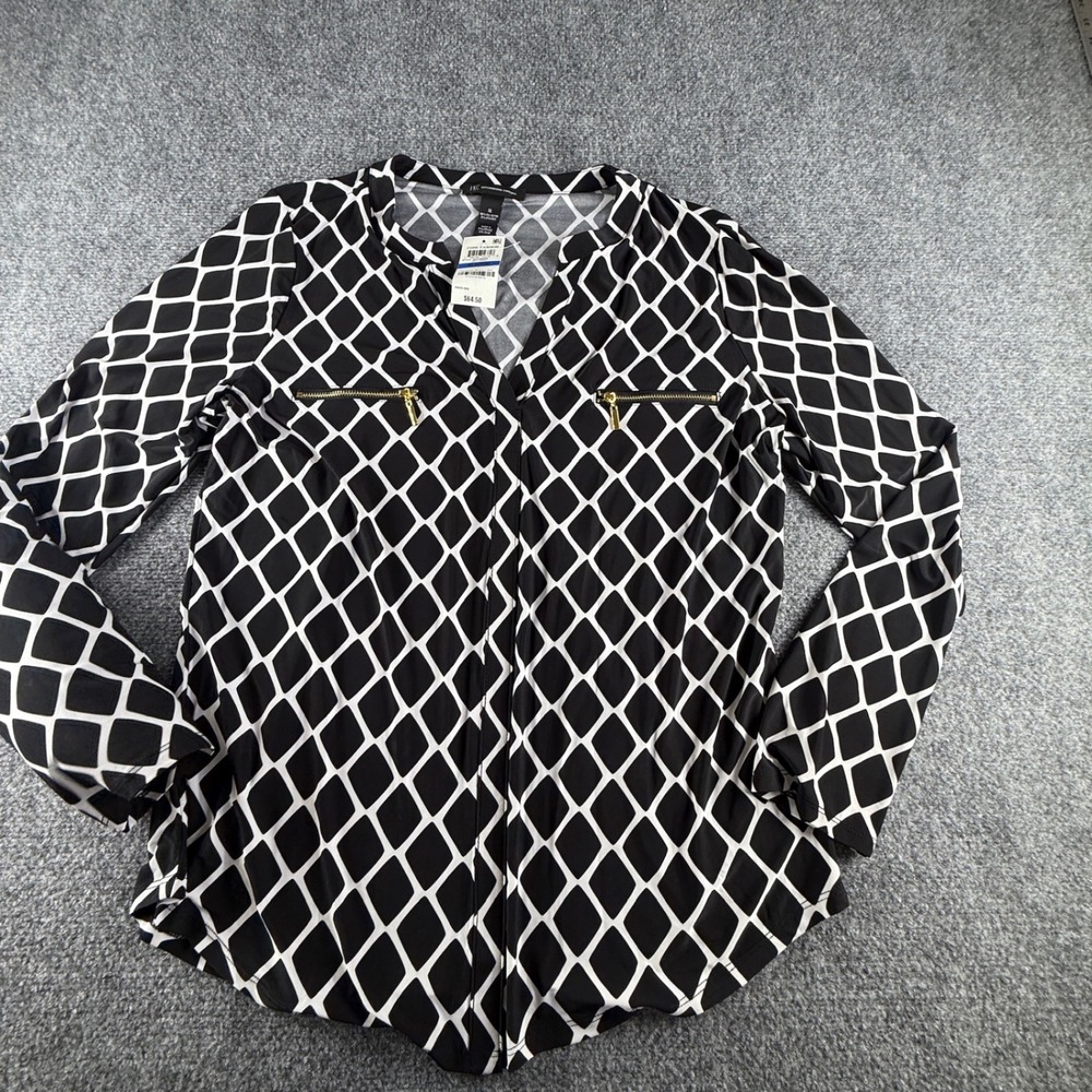 INC International Concepts Black White Geo Print Zip Pocket Blouse XL 68302M899